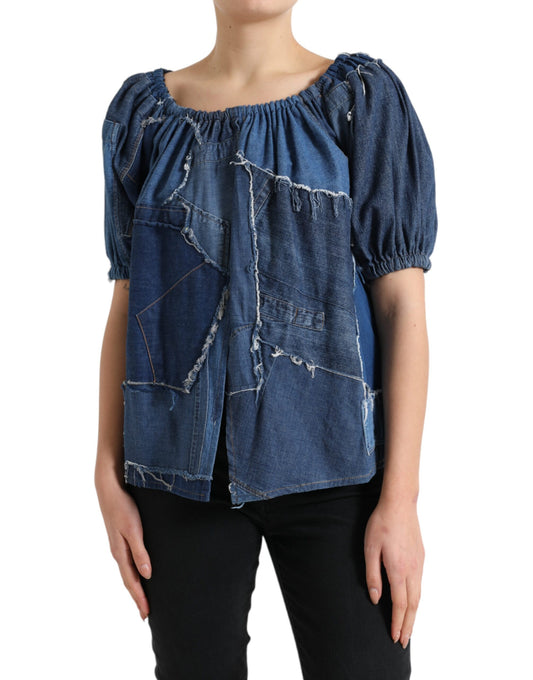 Dolce & Gabbana Blue Patchwork Short Sleeves Denim Blouse Top Dolce & Gabbana