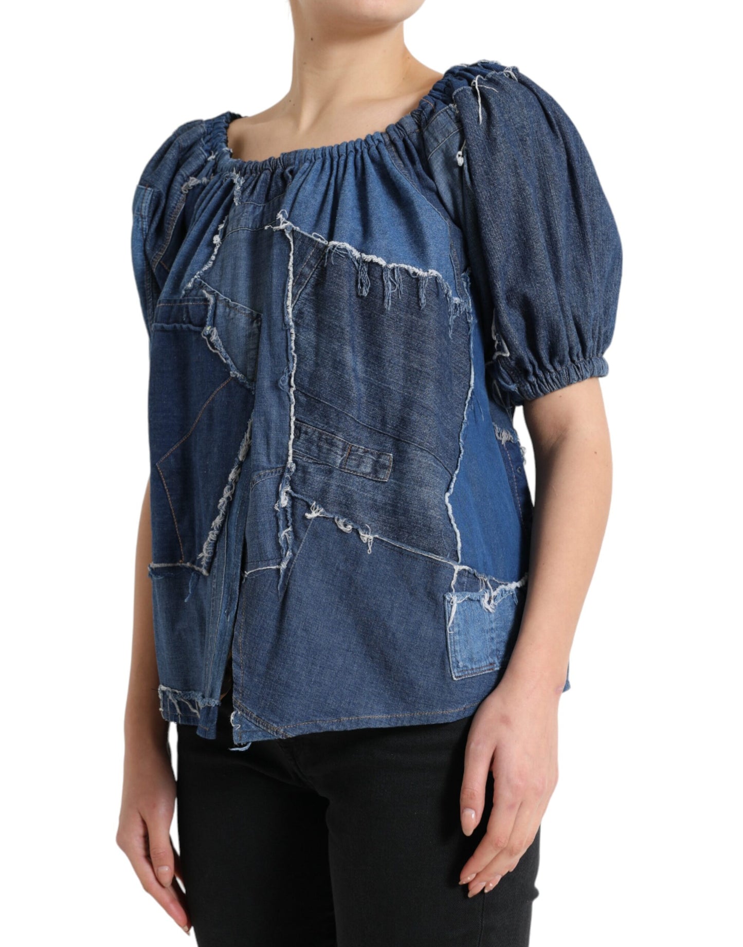 Dolce & Gabbana Blue Patchwork Short Sleeves Denim Blouse Top Dolce & Gabbana
