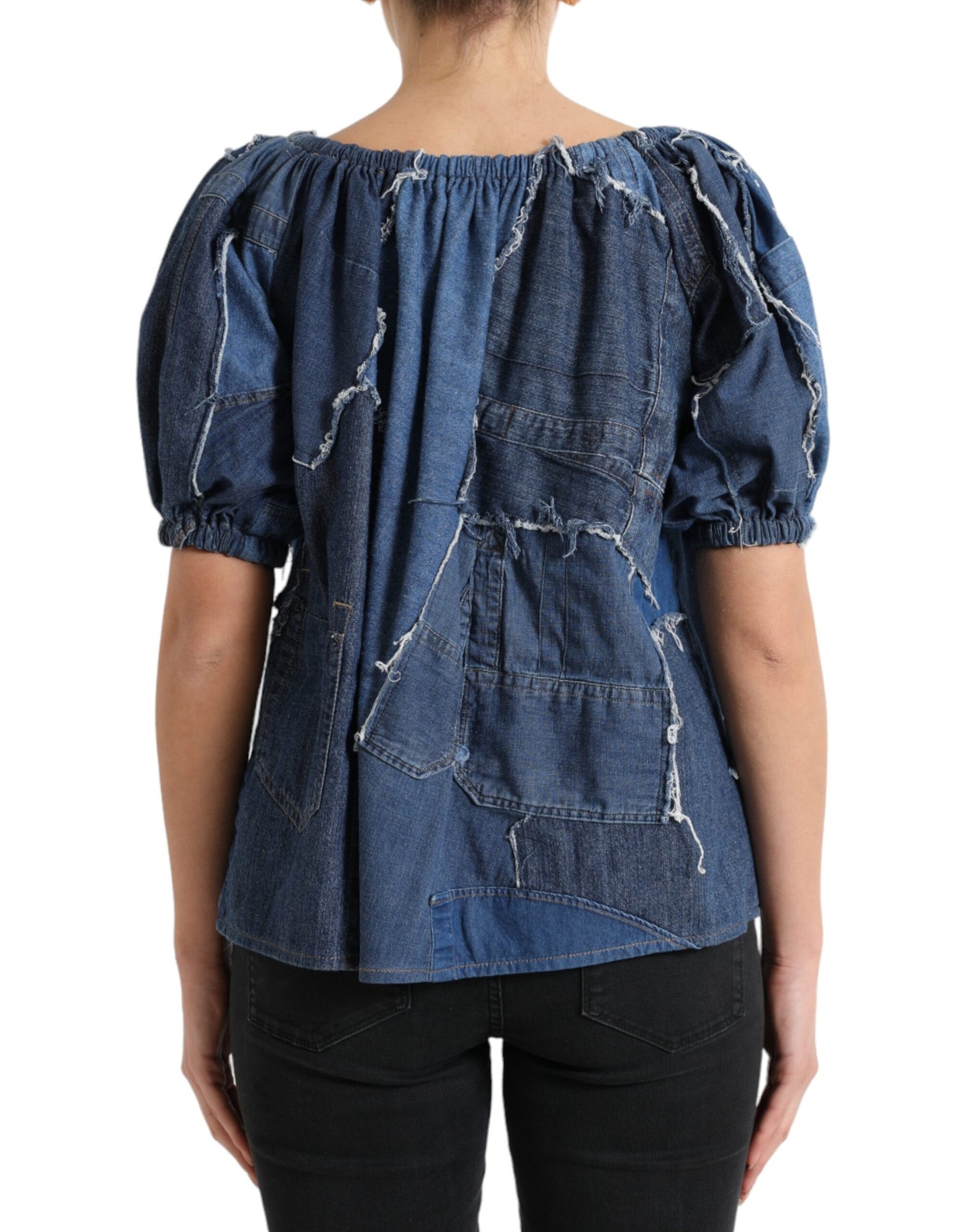 Dolce & Gabbana Blue Patchwork Short Sleeves Denim Blouse Top Dolce & Gabbana