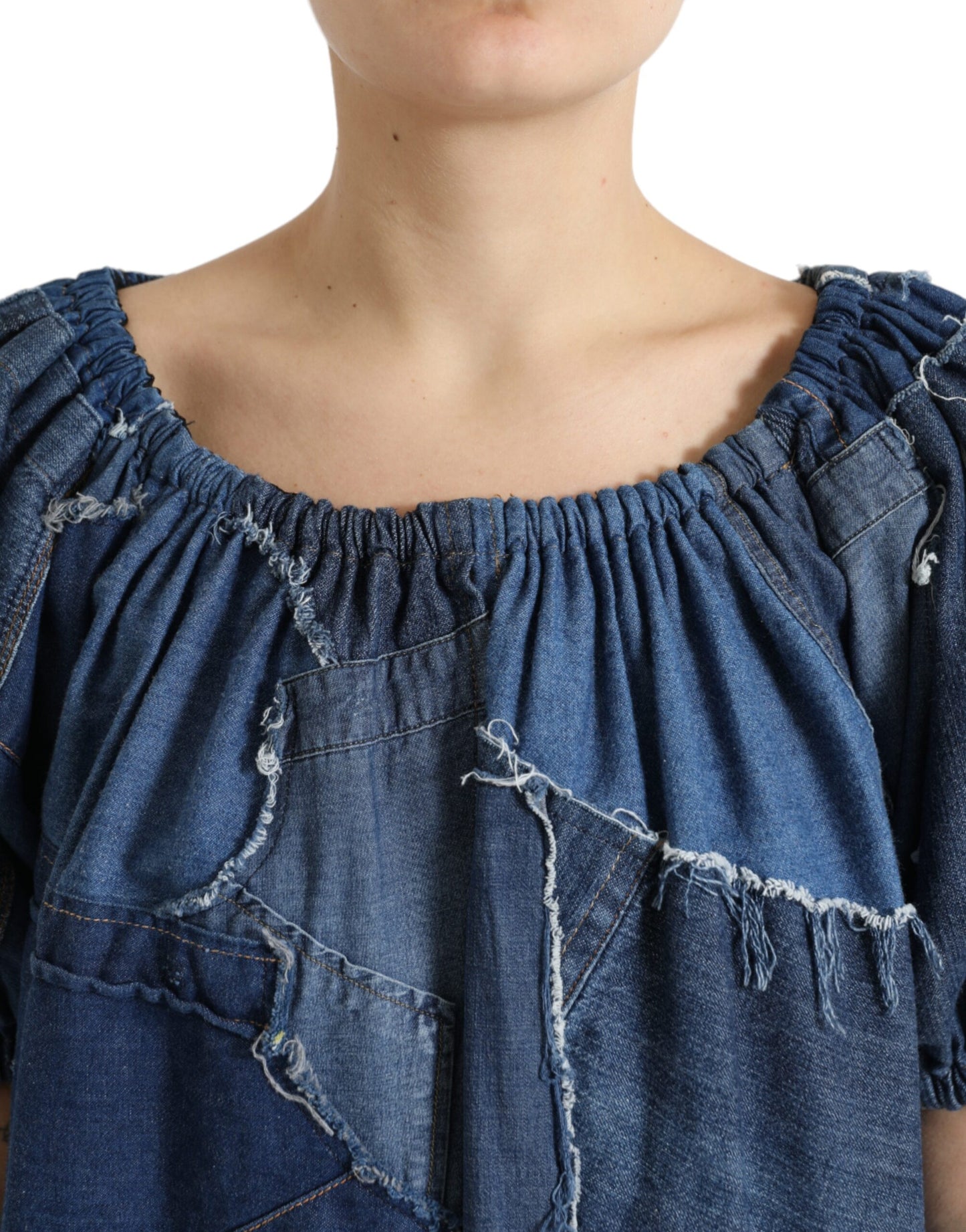 Dolce & Gabbana Blue Patchwork Short Sleeves Denim Blouse Top Dolce & Gabbana