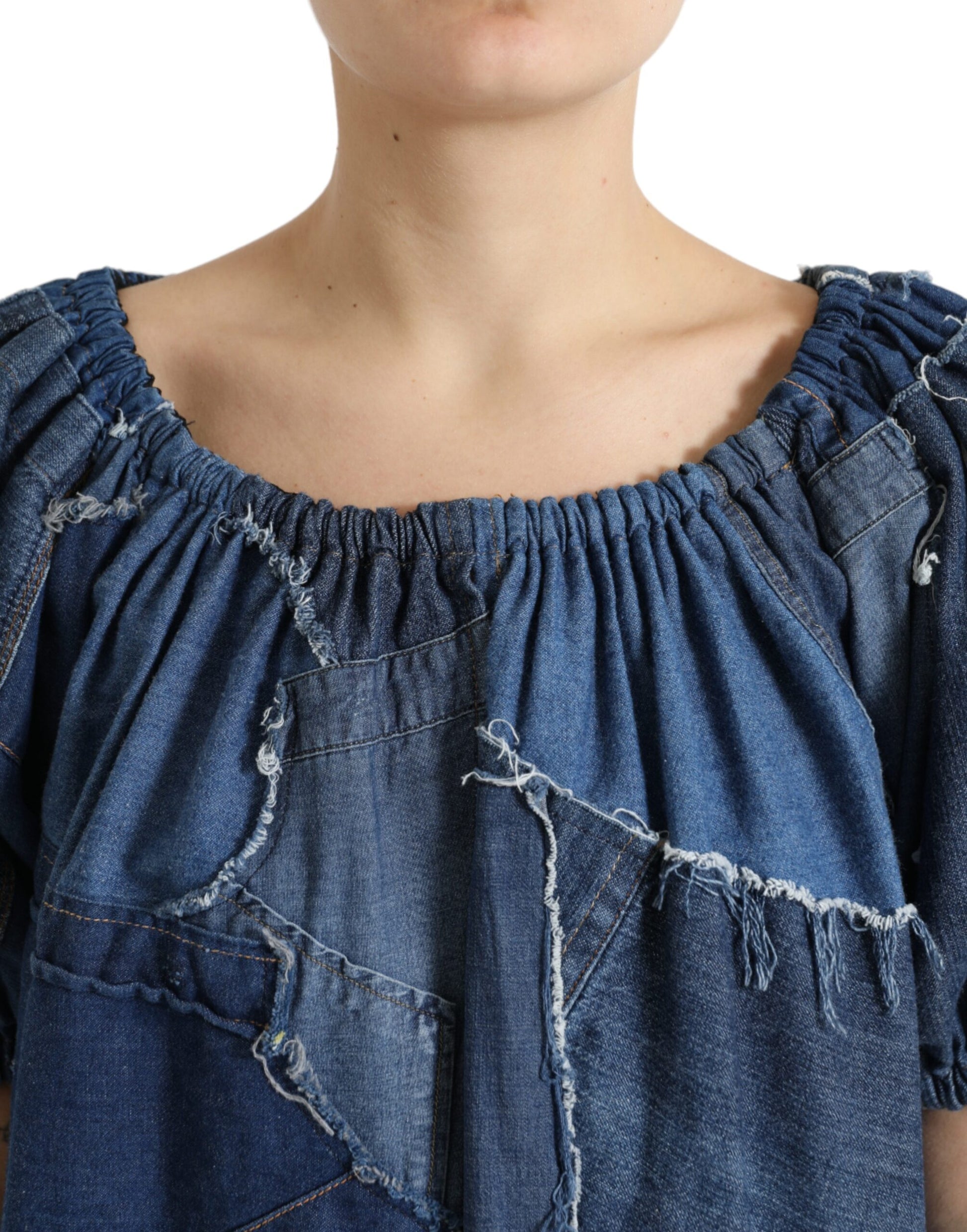 Dolce & Gabbana Blue Patchwork Short Sleeves Denim Blouse Top Dolce & Gabbana