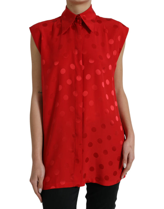 Dolce & Gabbana Red Polka Dot Sleeveless Collared Blouse Top Dolce & Gabbana