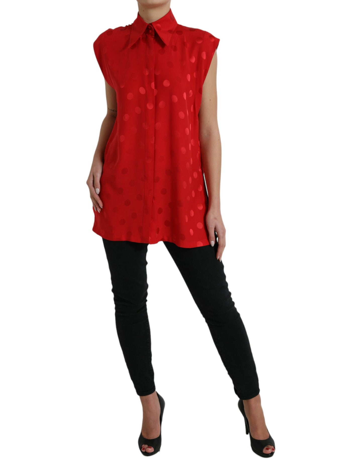 Dolce & Gabbana Red Polka Dot Sleeveless Collared Blouse Top Dolce & Gabbana
