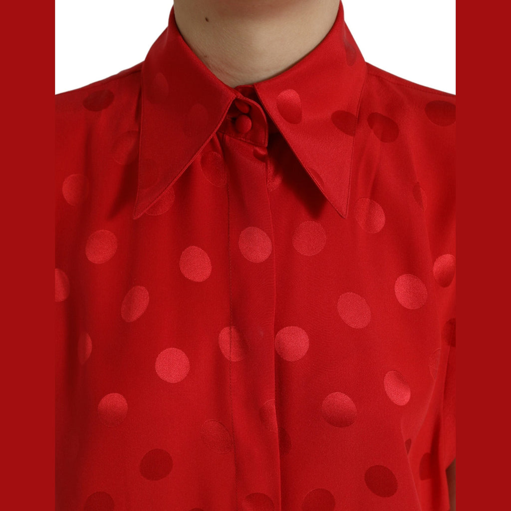 Dolce & Gabbana Red Polka Dot Sleeveless Collared Blouse Top