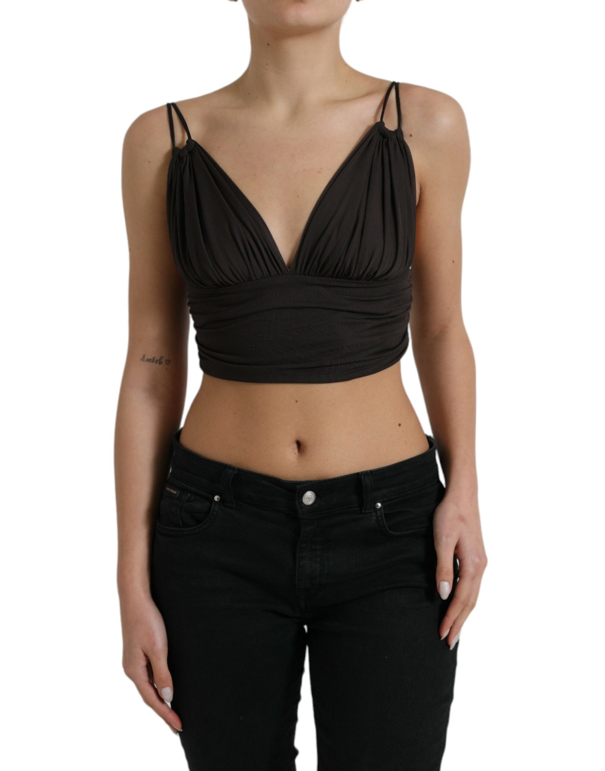 Dolce & Gabbana Brown Viscose Plunging V-neck Cropped Tank Top Dolce & Gabbana