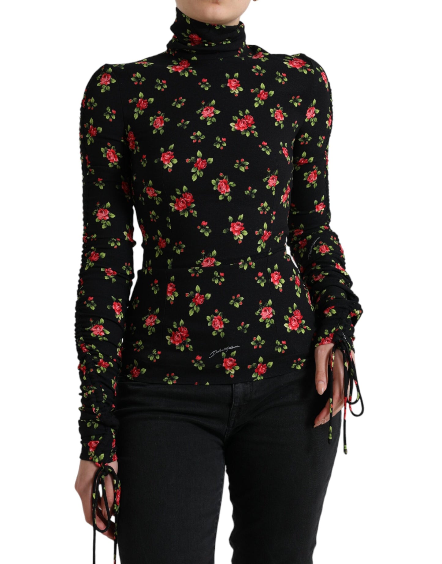 Dolce & Gabbana Black Rose Print Turtle Neck Blouse Top Dolce & Gabbana