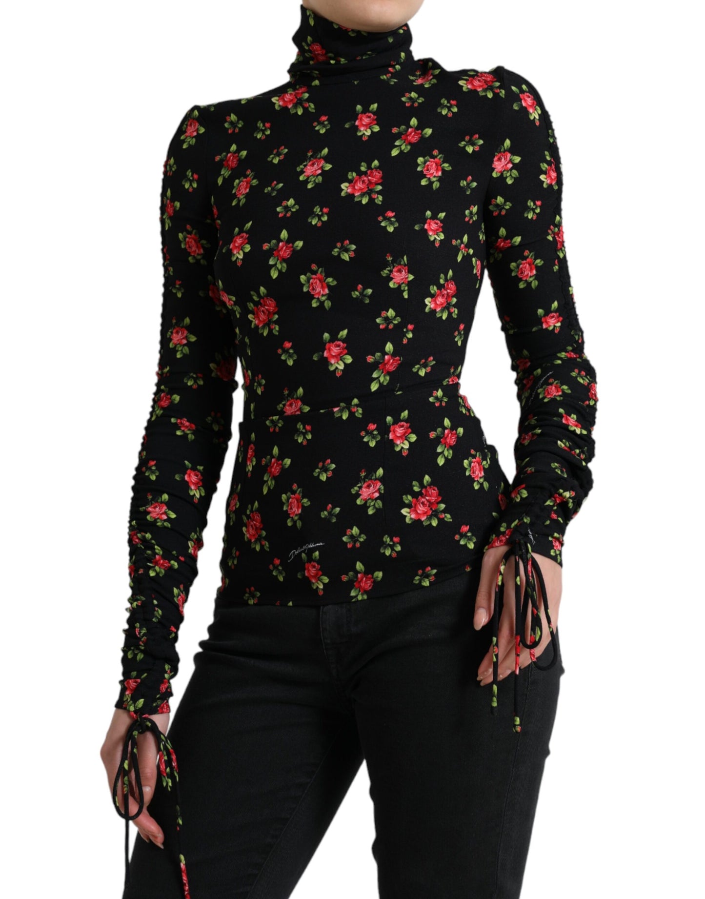 Dolce & Gabbana Black Rose Print Turtle Neck Blouse Top Dolce & Gabbana