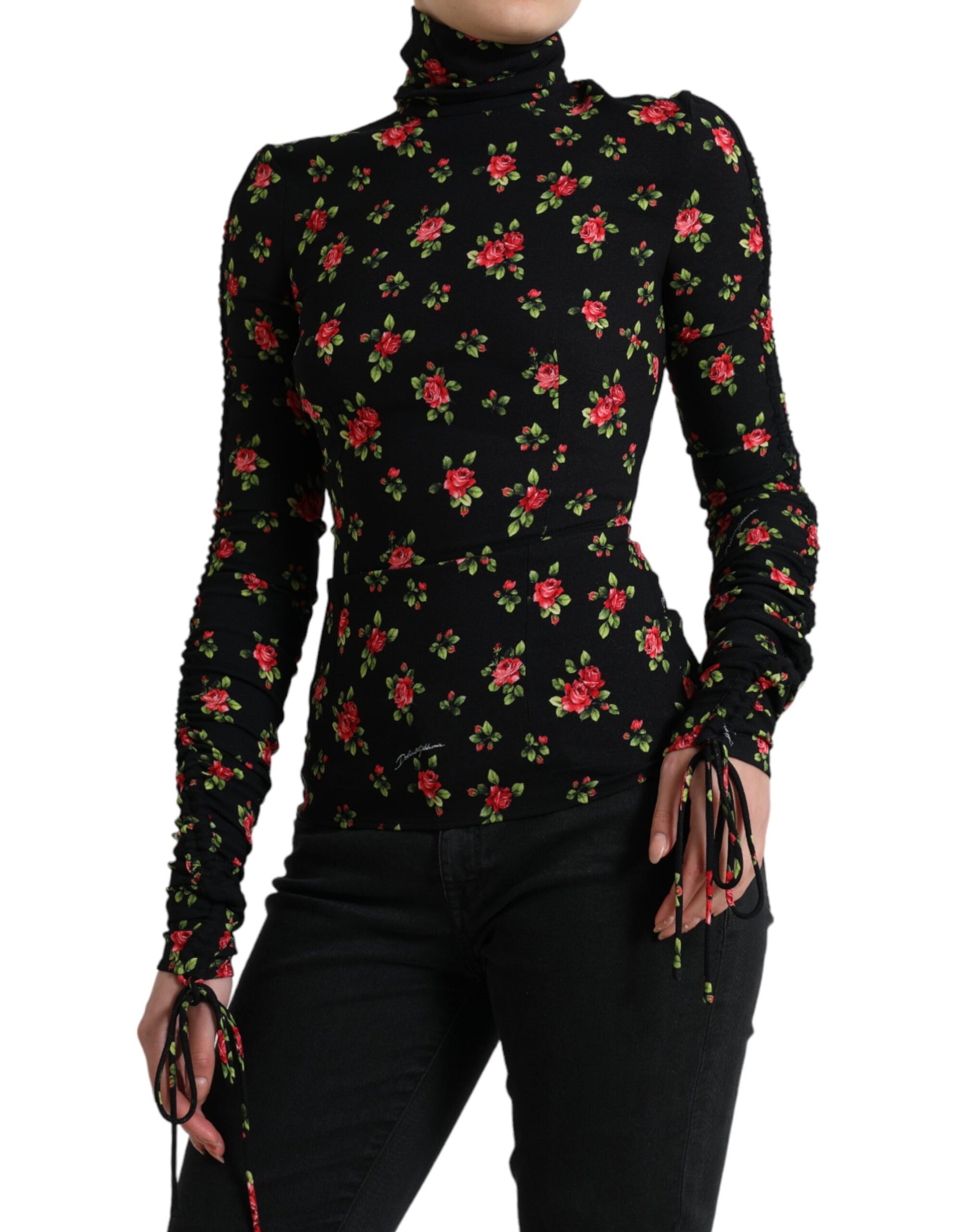 Dolce & Gabbana Black Rose Print Turtle Neck Blouse Top Dolce & Gabbana