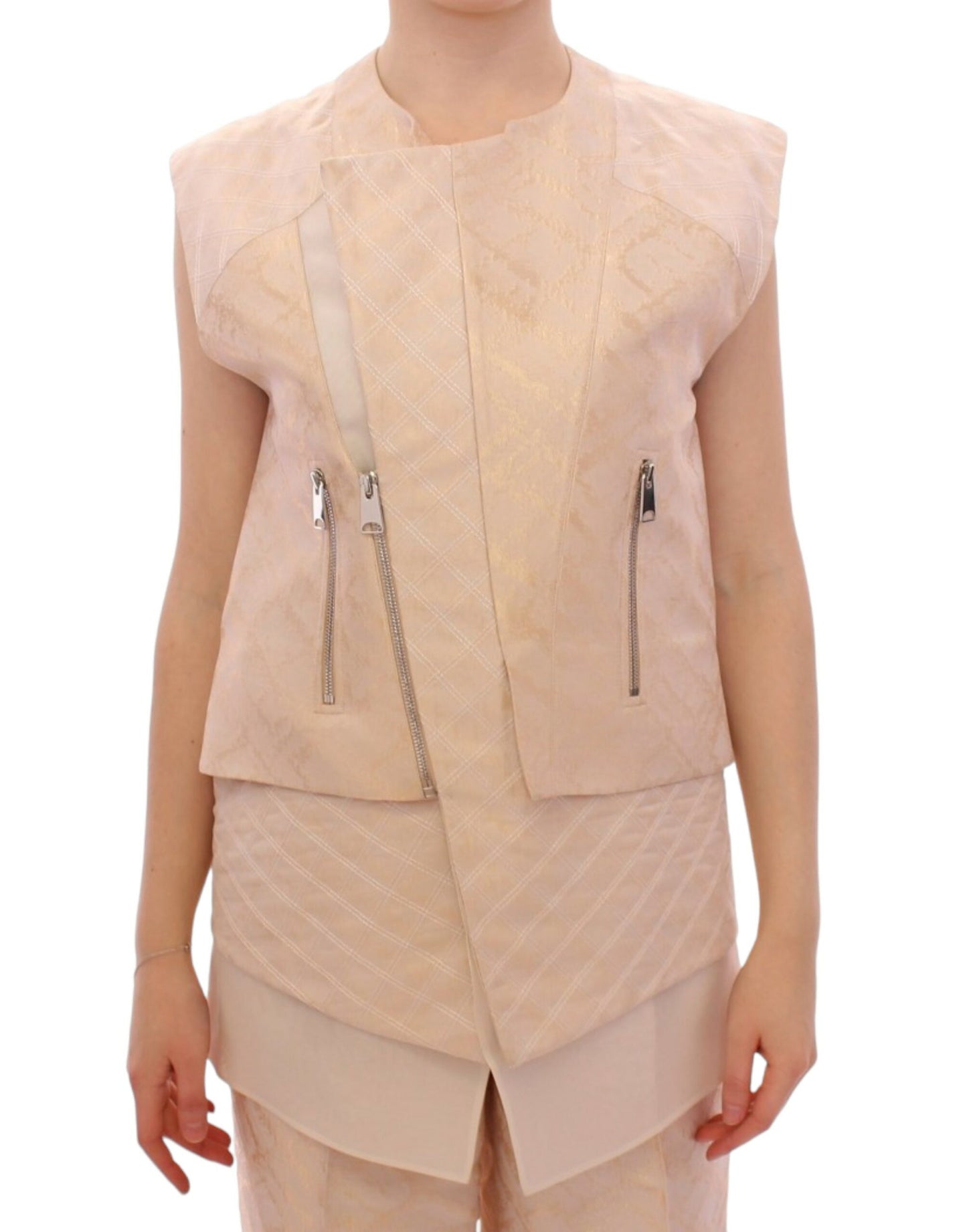 Zeyneptosun Beige brocade sleeveless jacket Zeyneptosun