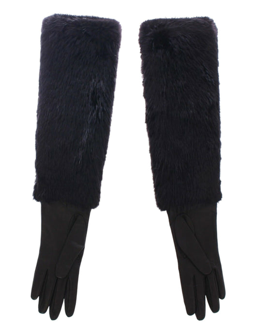 Dolce & Gabbana Black Beaver Fur Lambskin Leather Elbow Gloves Dolce & Gabbana