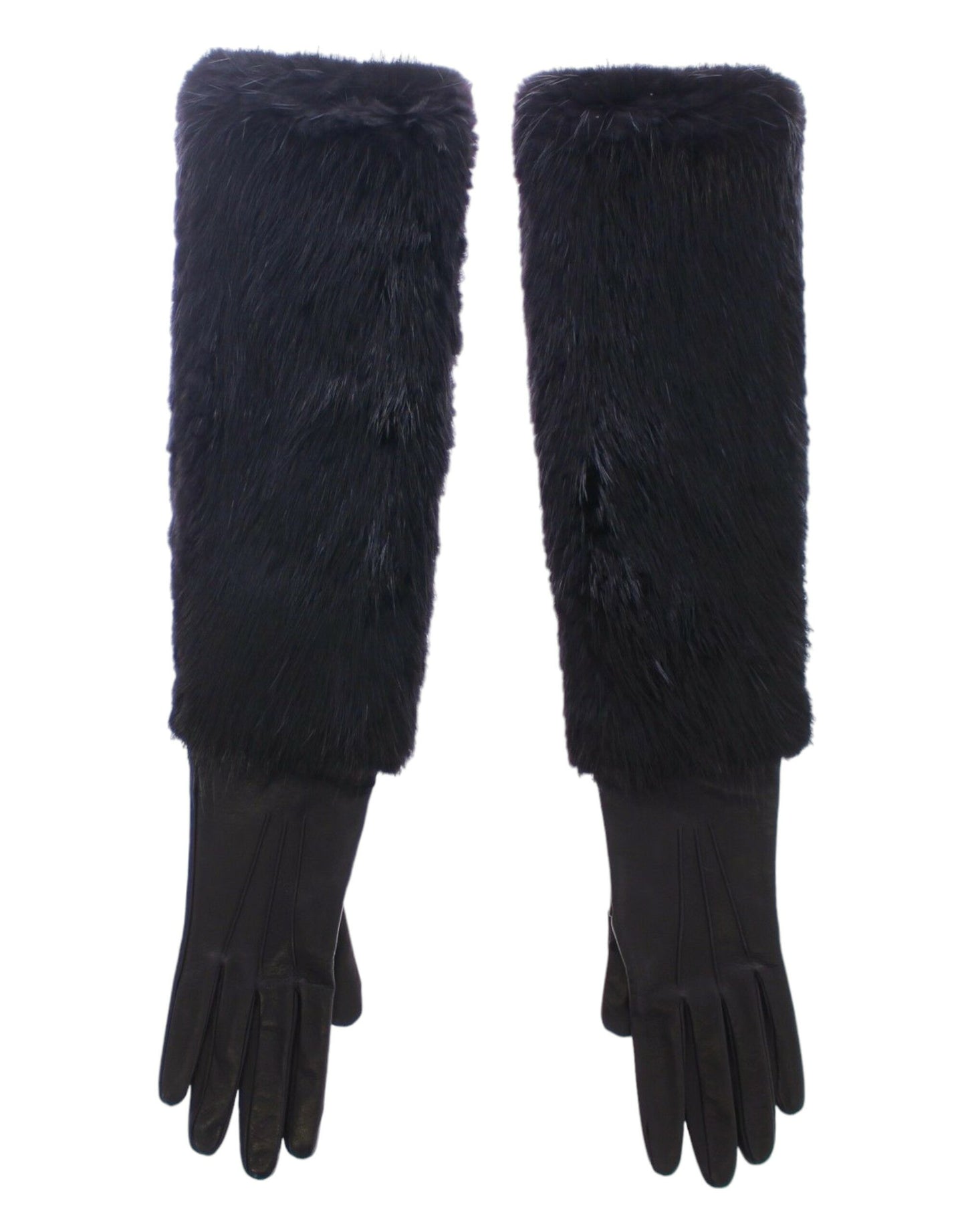 Dolce & Gabbana Black Beaver Fur Lambskin Leather Elbow Gloves Dolce & Gabbana