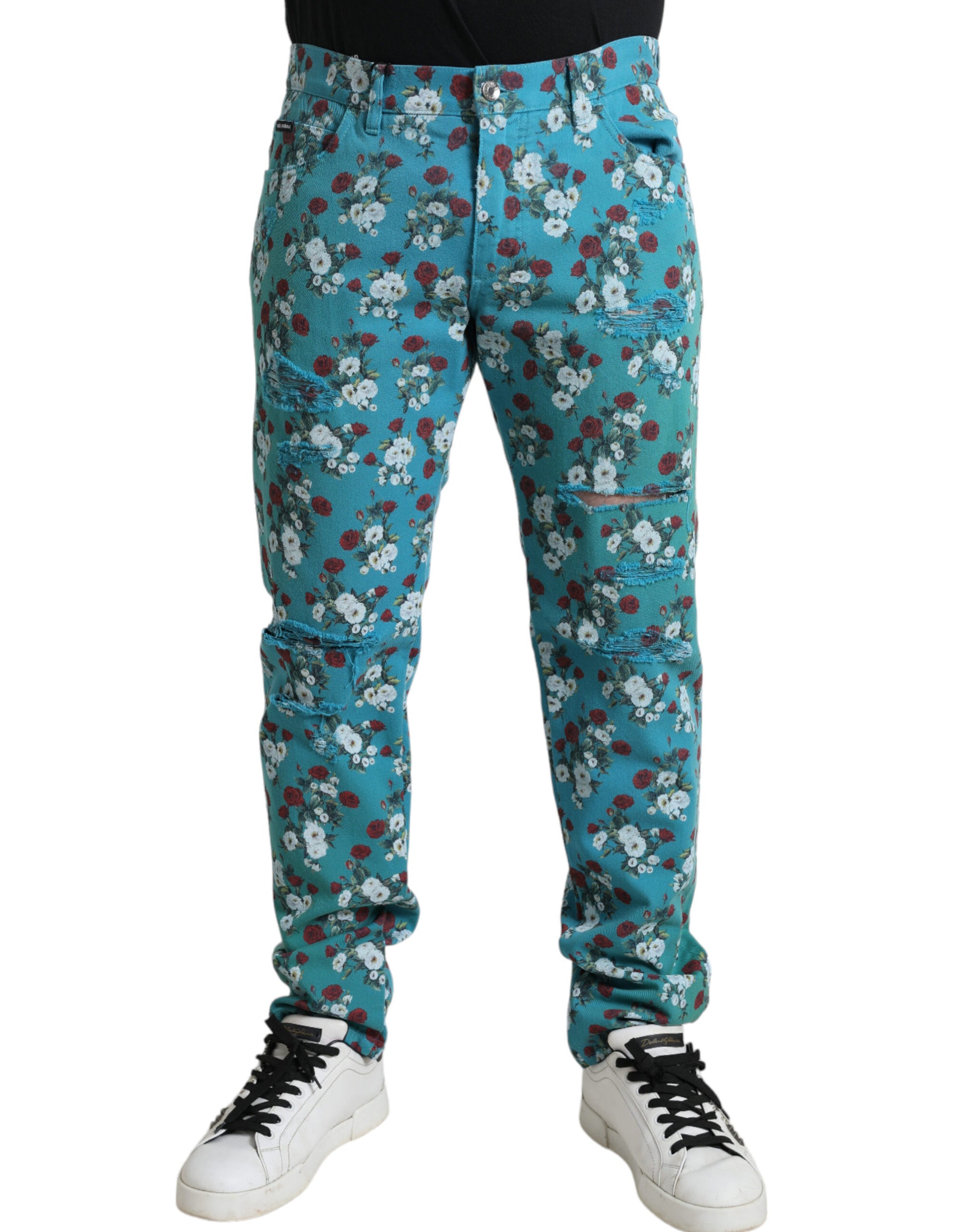 Dolce & Gabbana Blue Floral Print Skinny Cotton Denim Pants Dolce & Gabbana