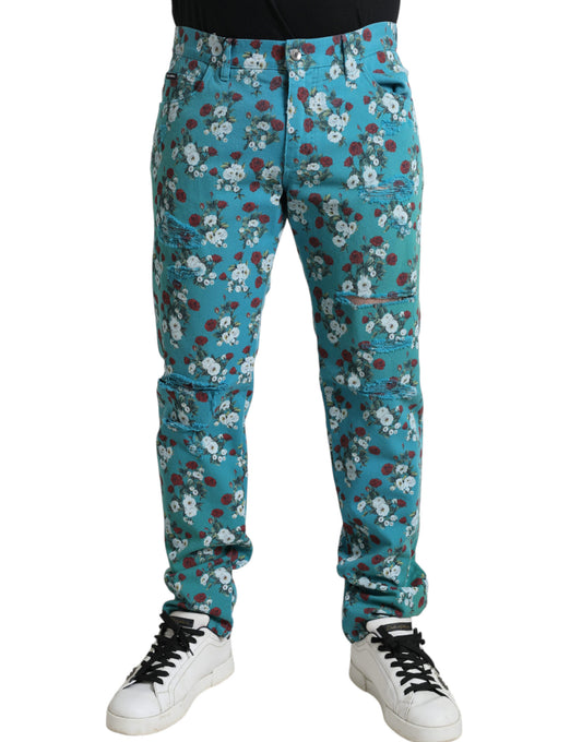 Dolce & Gabbana Blue Floral Print Skinny Cotton Denim Pants Dolce & Gabbana