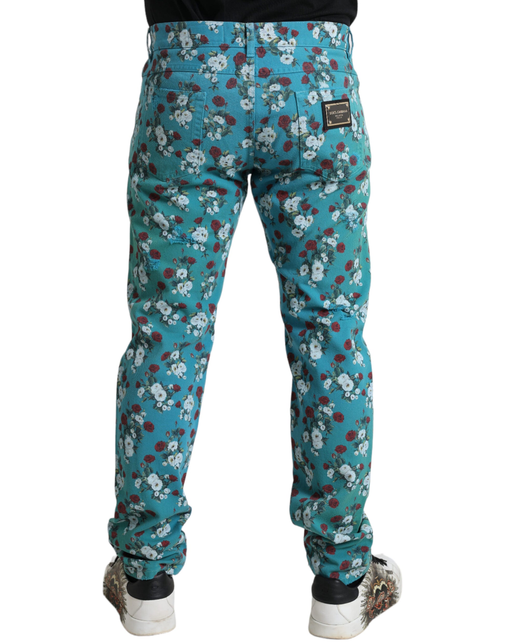 Dolce & Gabbana Blue Floral Print Skinny Cotton Denim Pants Dolce & Gabbana