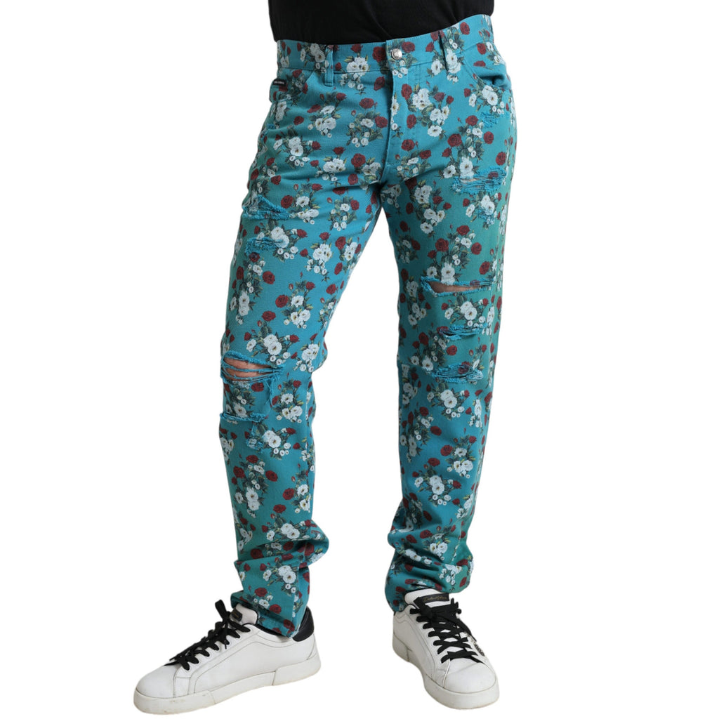 Dolce & Gabbana Blue Floral Print Skinny Cotton Denim Pants