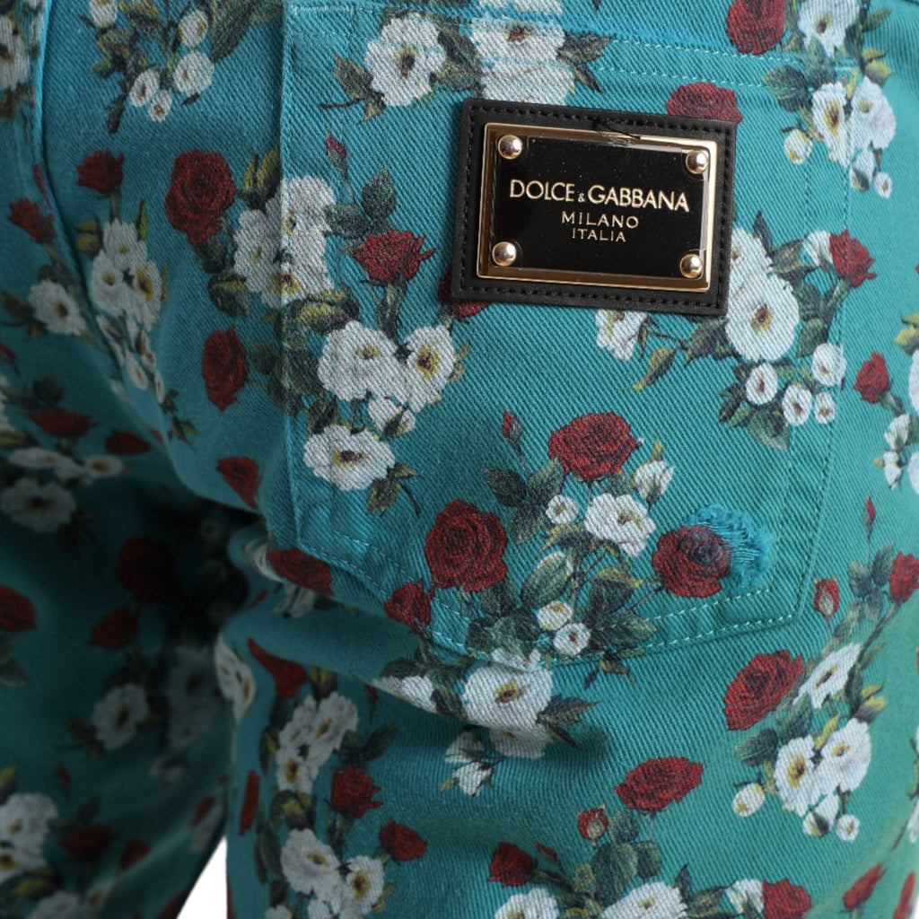 Dolce & Gabbana Blue Floral Print Skinny Cotton Denim Pants