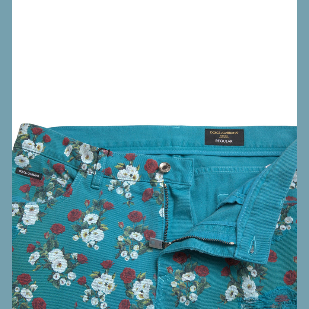 Dolce & Gabbana Blue Floral Print Skinny Cotton Denim Pants