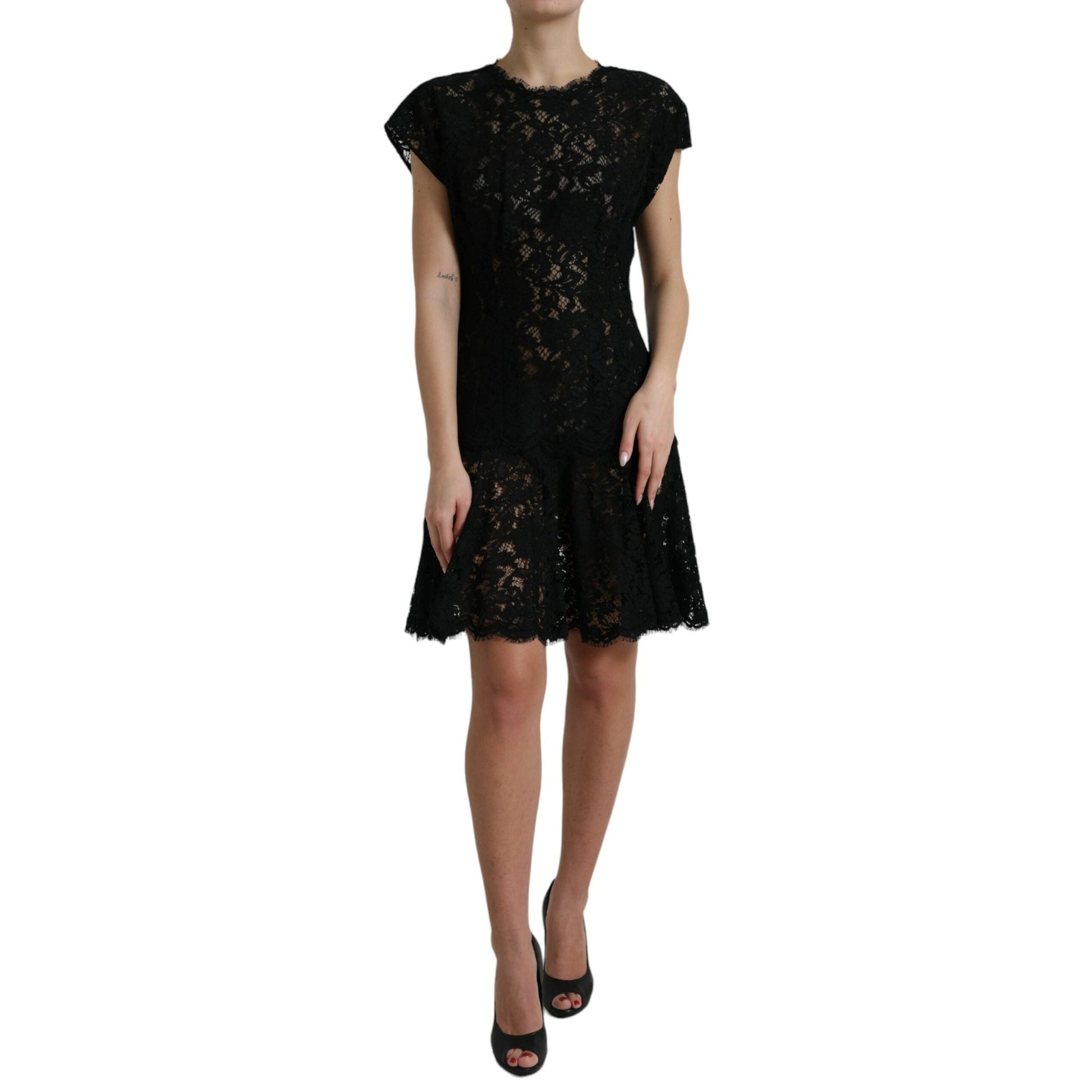 Dolce & Gabbana Black Floral Lace Cotton A-line Mini Dress