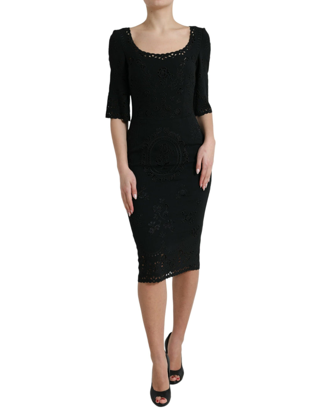 Dolce & Gabbana black floral lace viscose bodycon midi dress displayed on a hanger with intricate lace details.