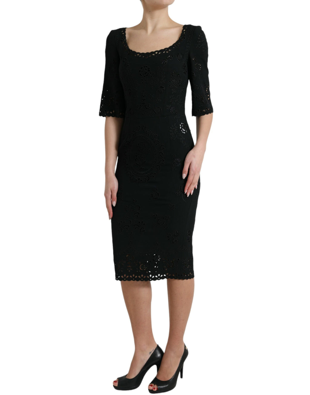 Dolce & Gabbana black floral lace viscose bodycon midi dress displayed on a hanger with intricate lace details.