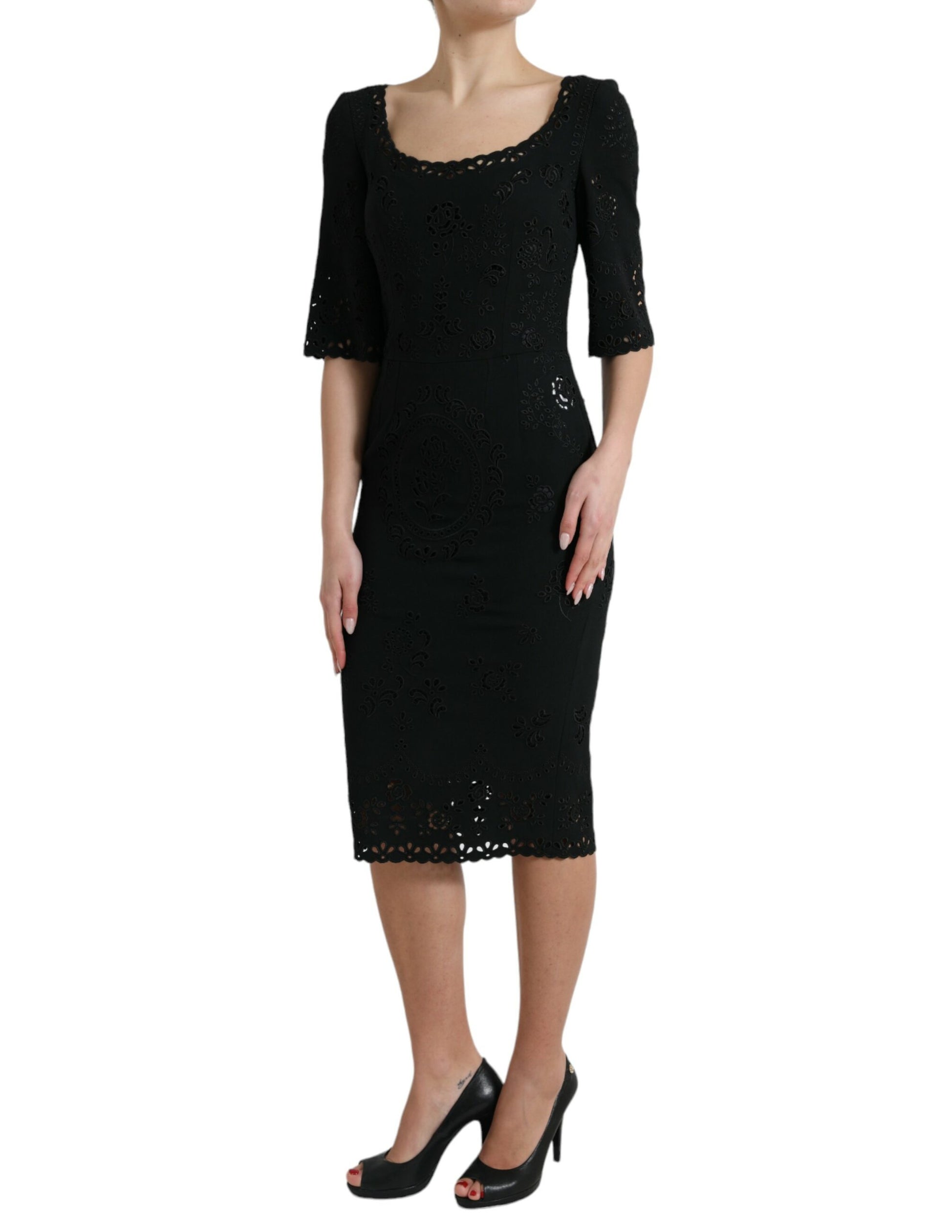 Dolce & Gabbana Black Floral Lace Viscose Bodycon Midi Dress Dolce & Gabbana
