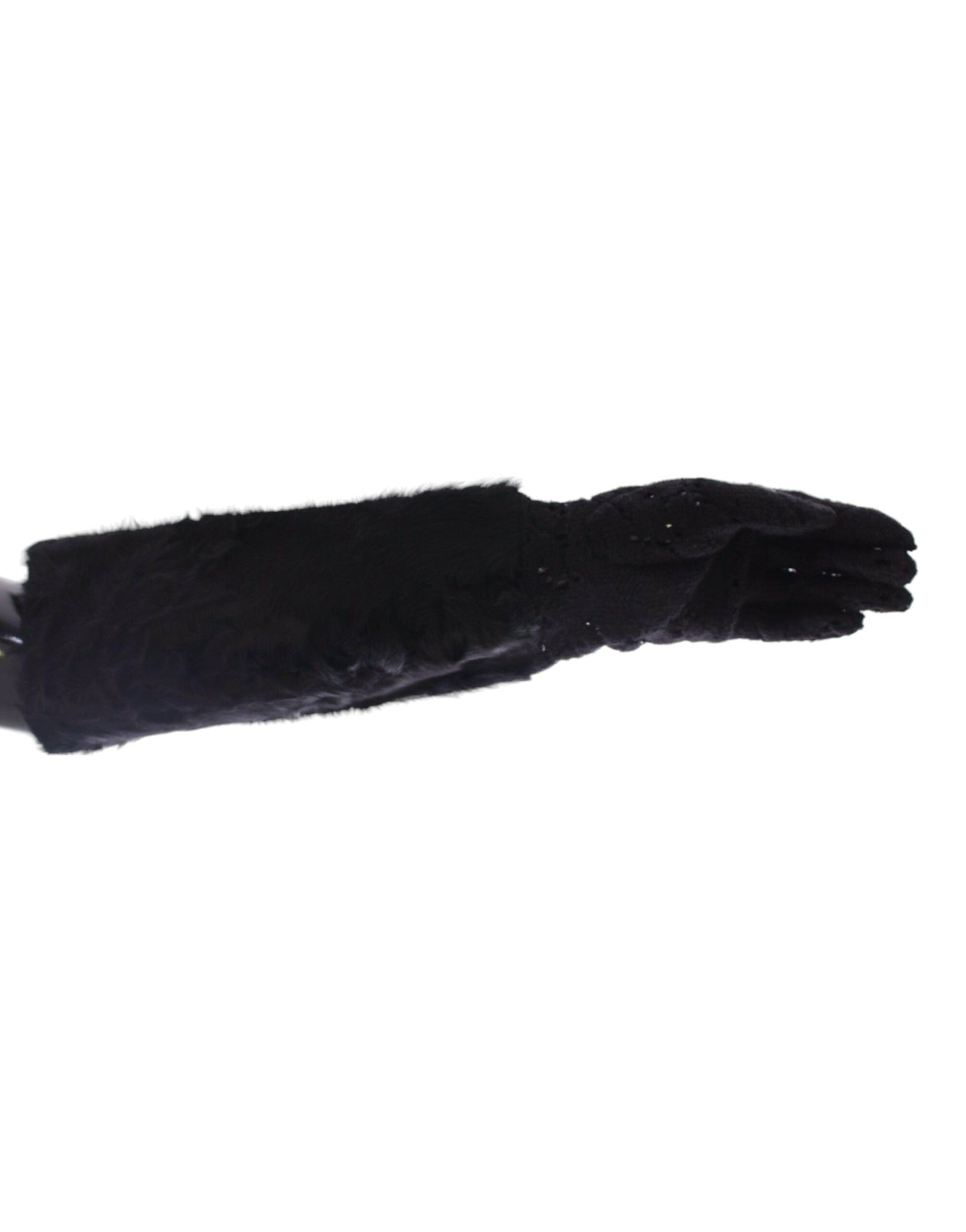 Dolce & Gabbana Black Lace Wool Lambskin Fur Elbow Gloves Dolce & Gabbana