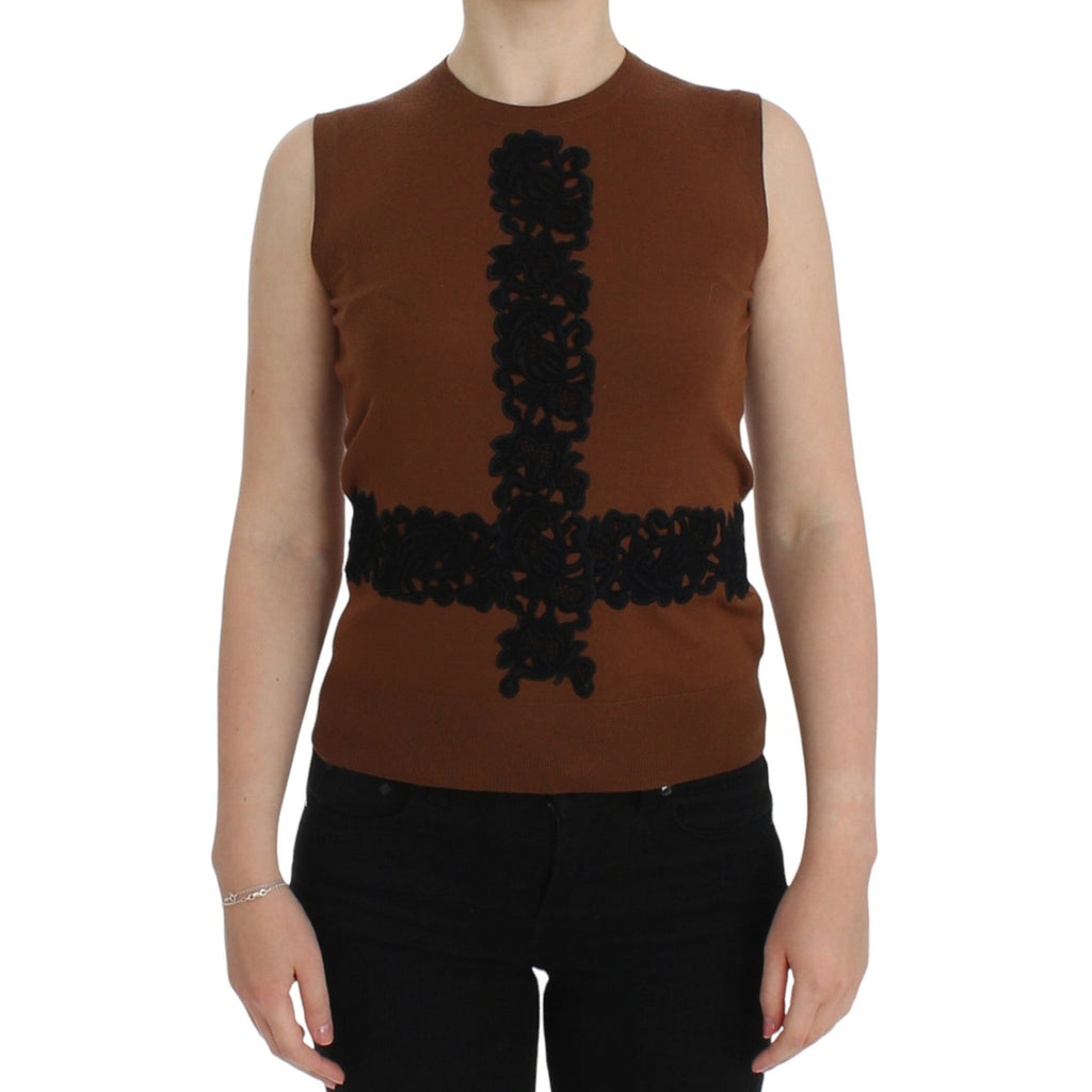 Dolce & Gabbana Brown Wool Black Lace Vest Sweater Top