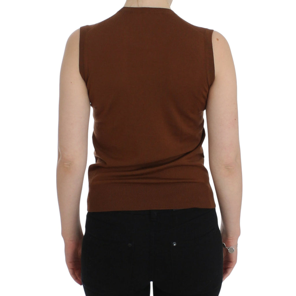 Dolce & Gabbana Brown Wool Black Lace Vest Sweater Top