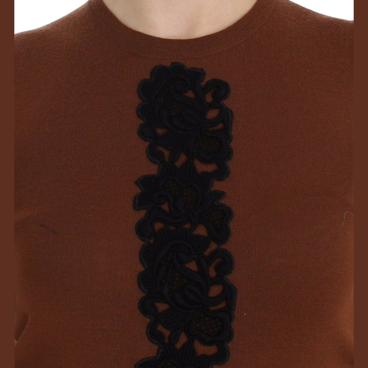 Dolce & Gabbana Brown Wool Black Lace Vest Sweater Top