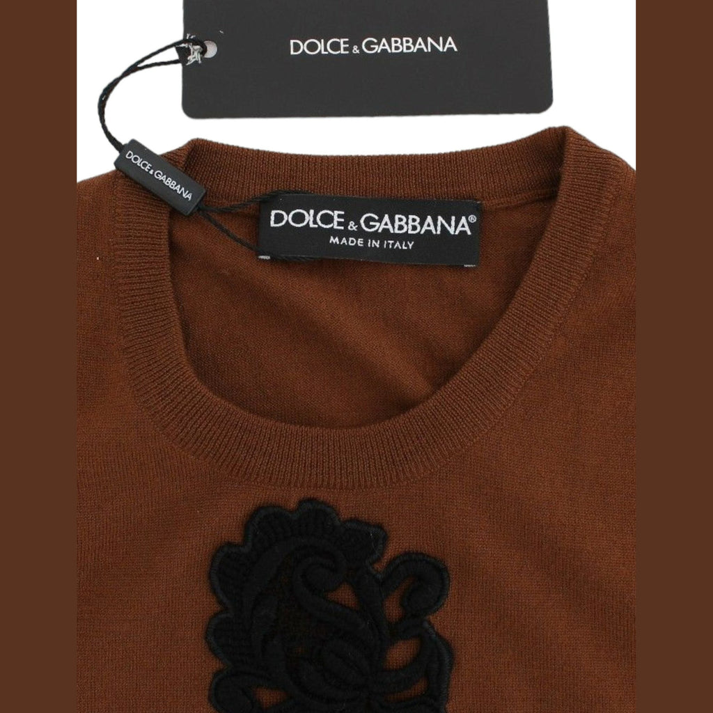 Dolce & Gabbana Brown Wool Black Lace Vest Sweater Top