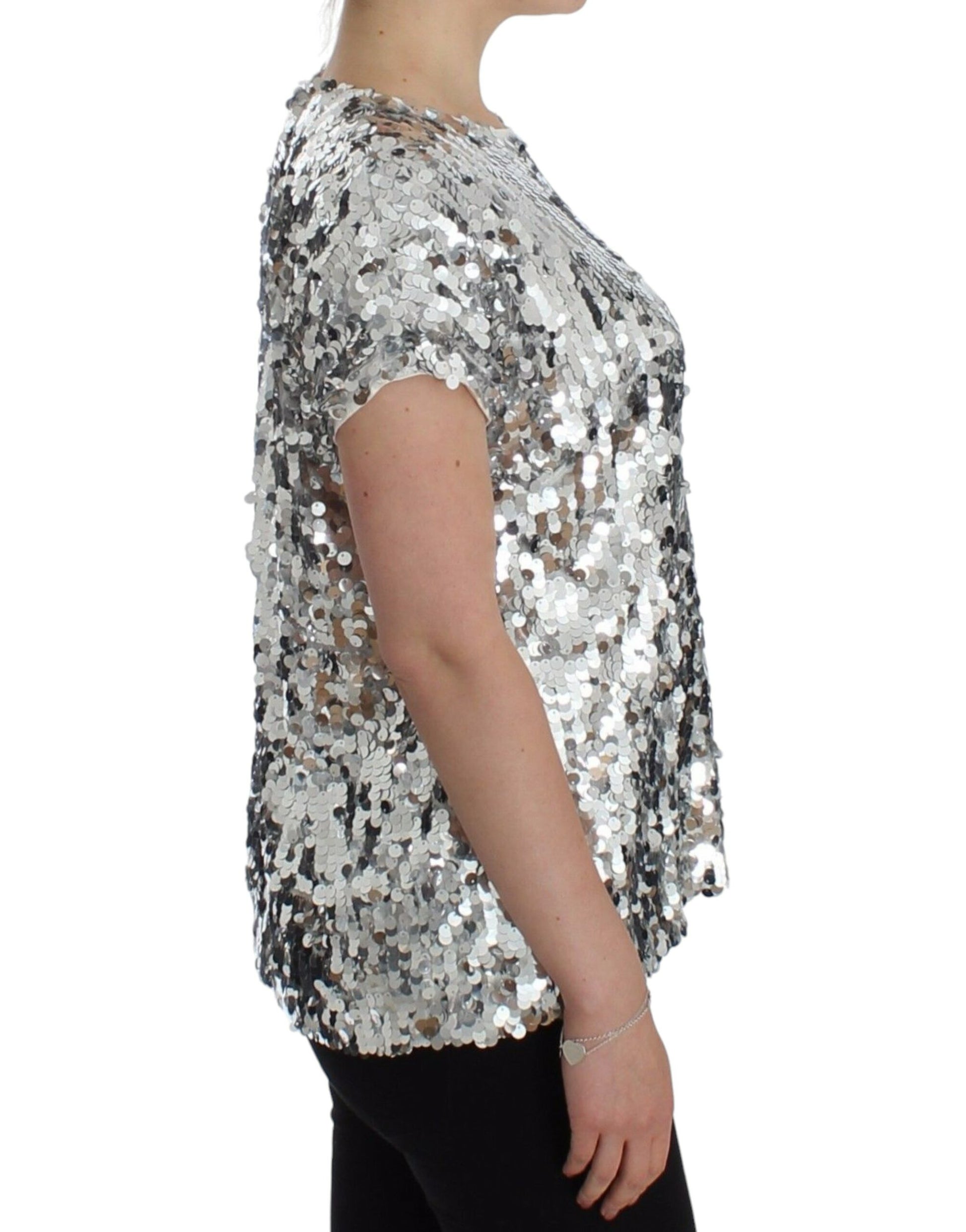 Dolce & Gabbana Silver Sequined Crewneck Blouse T-shirt Top Dolce & Gabbana