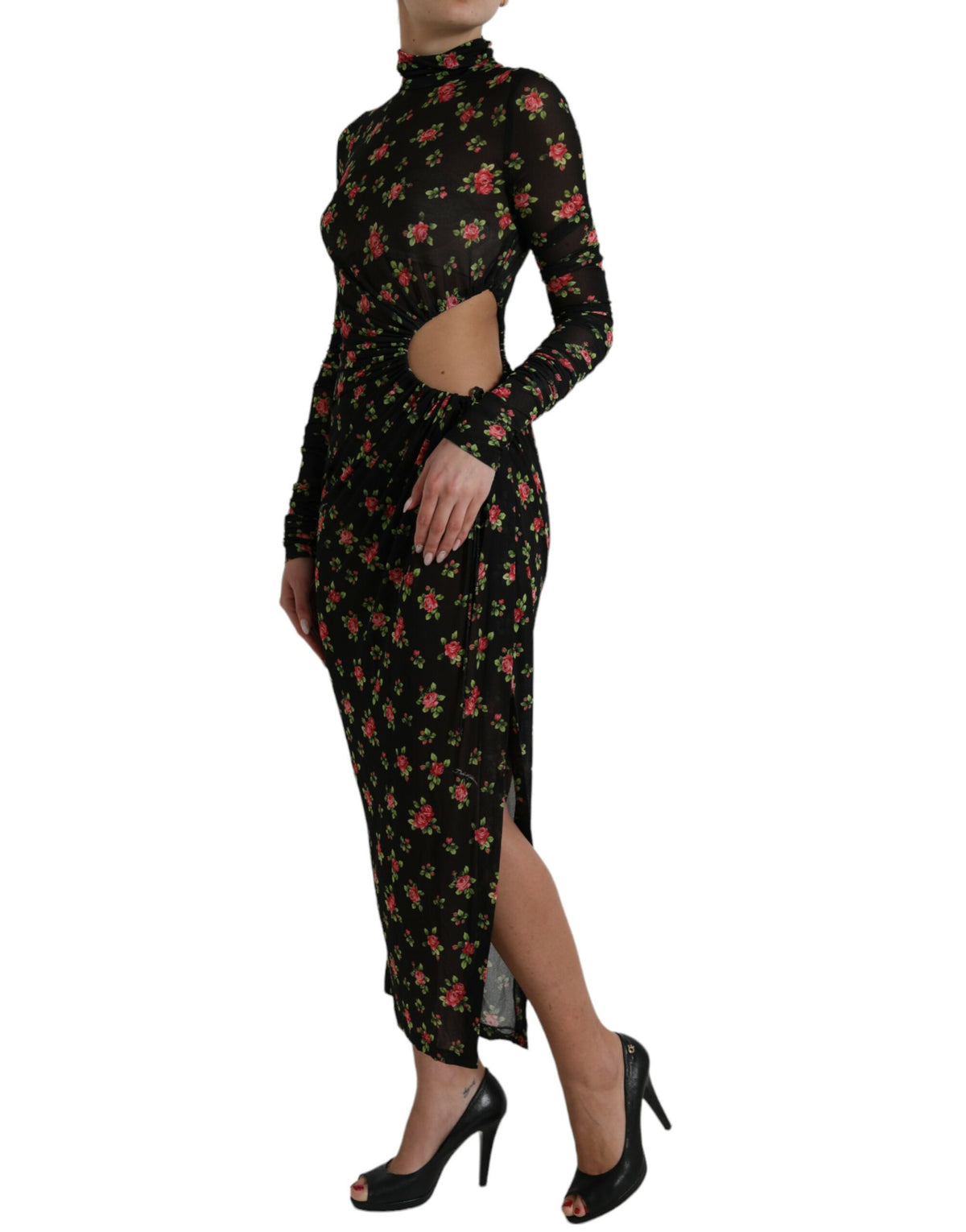 Dolce & Gabbana black floral cut-out sheath long maxi dress displayed on a hanger with intricate floral details.