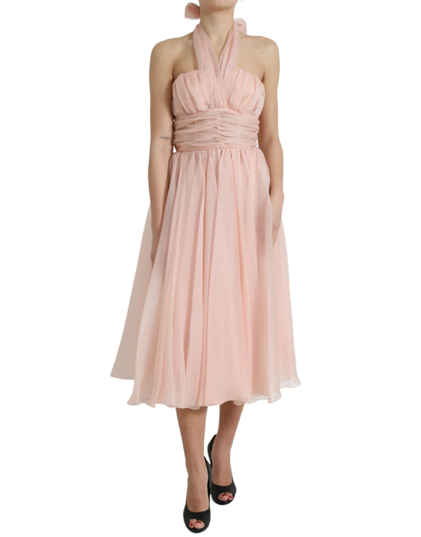 Dolce & Gabbana Pink Silk Chiffon Halter A-line Pleated Midi Dress Dolce & Gabbana