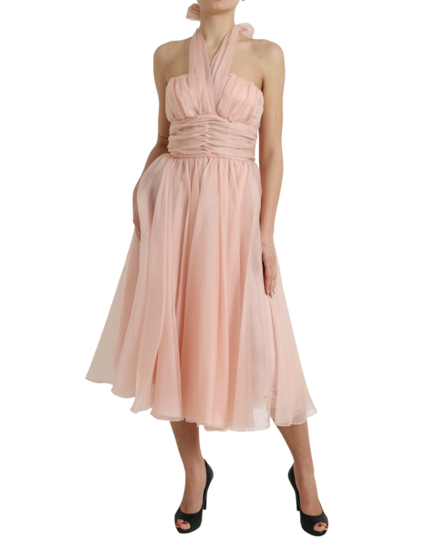 Dolce & Gabbana Pink Silk Chiffon Halter A-line Pleated Midi Dress Dolce & Gabbana
