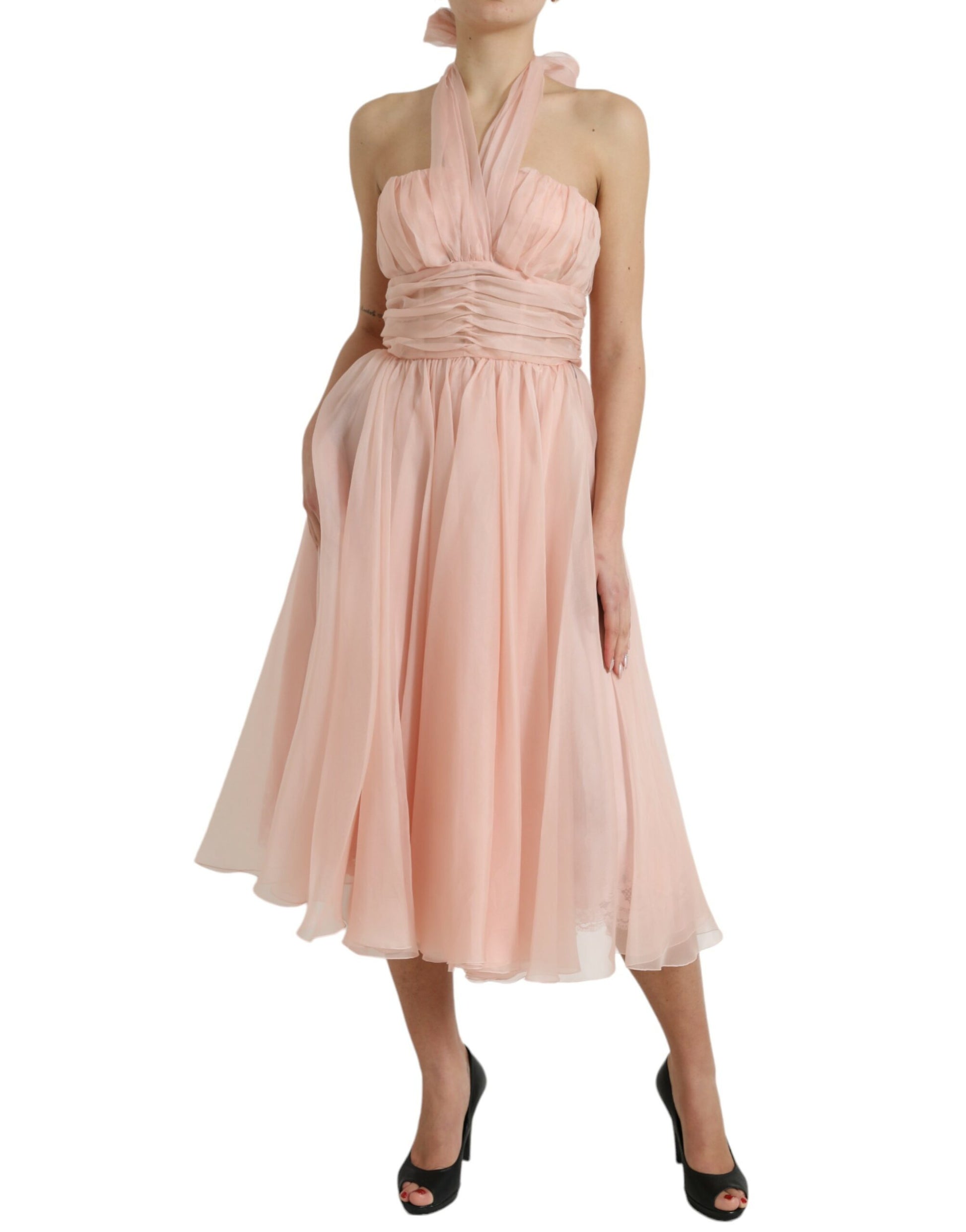 Dolce & Gabbana Pink Silk Chiffon Halter A-line Pleated Midi Dress Dolce & Gabbana