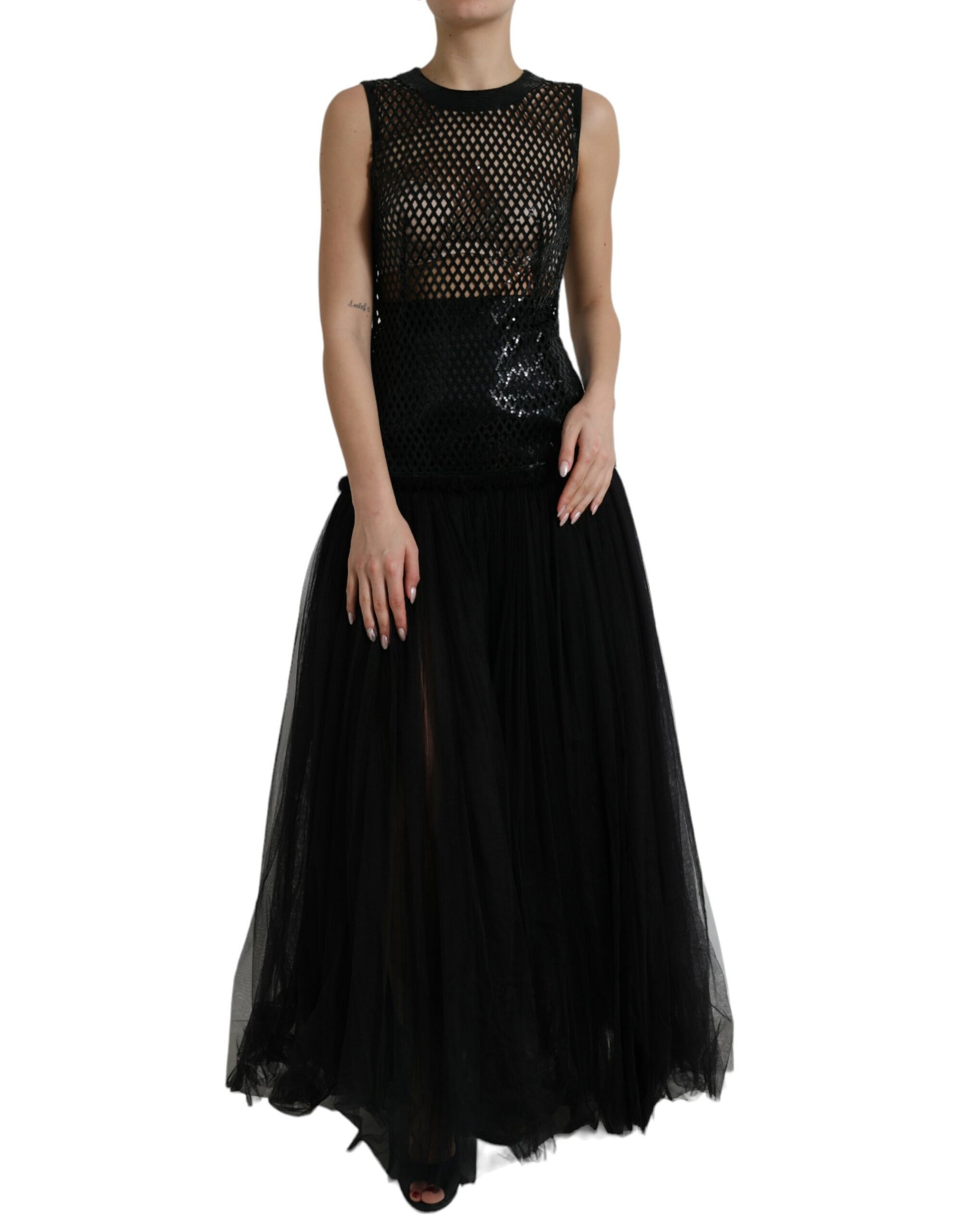 Dolce & Gabbana Black Sequined Sleeveless Mesh Layered Gown Dress Dolce & Gabbana