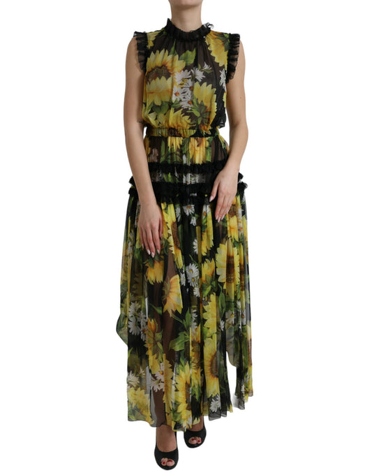 Dolce & Gabbana Black Sunflower A-line Pleated Maxi Dress Dolce & Gabbana