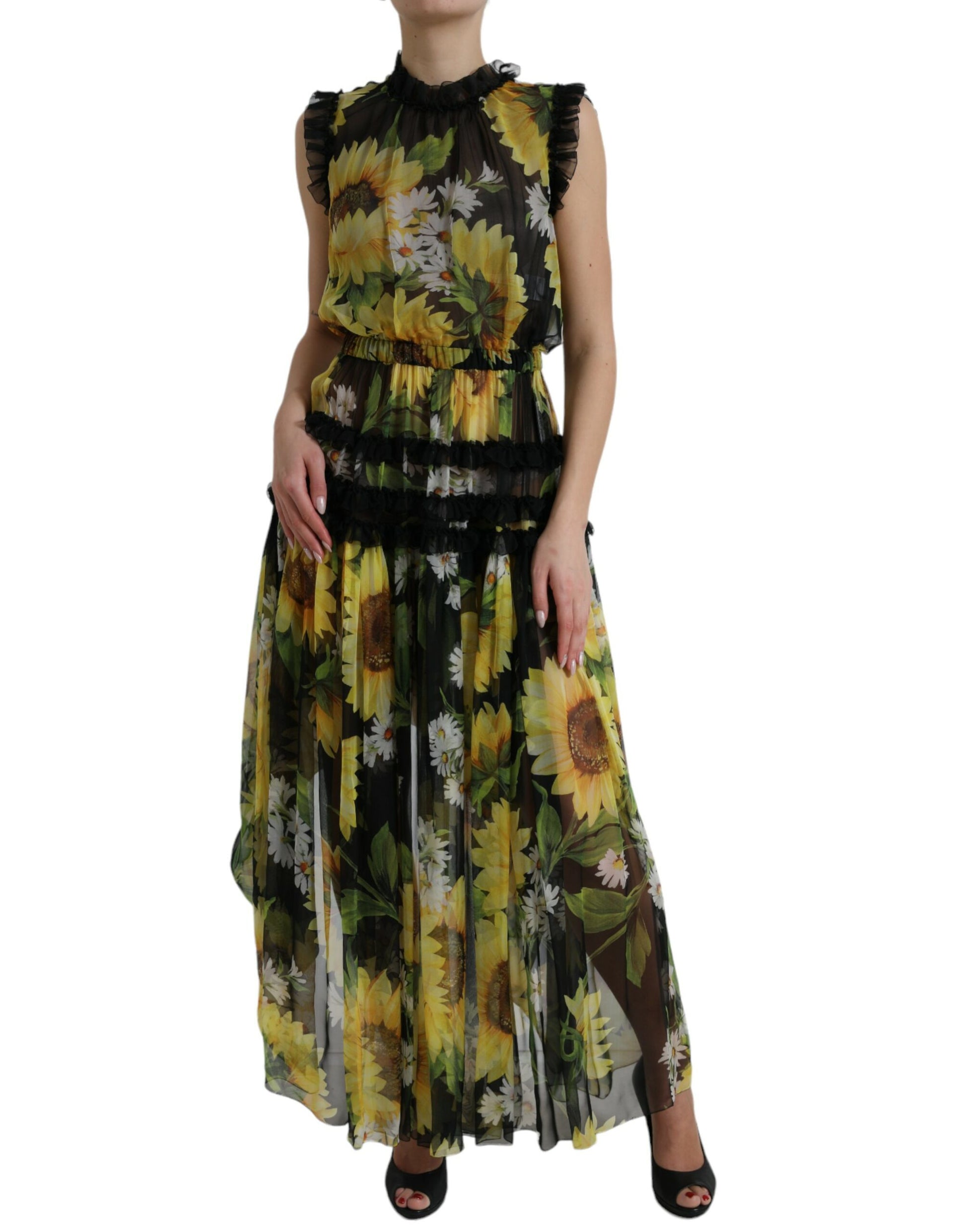 Dolce & Gabbana Black Sunflower A-line Pleated Maxi Dress Dolce & Gabbana