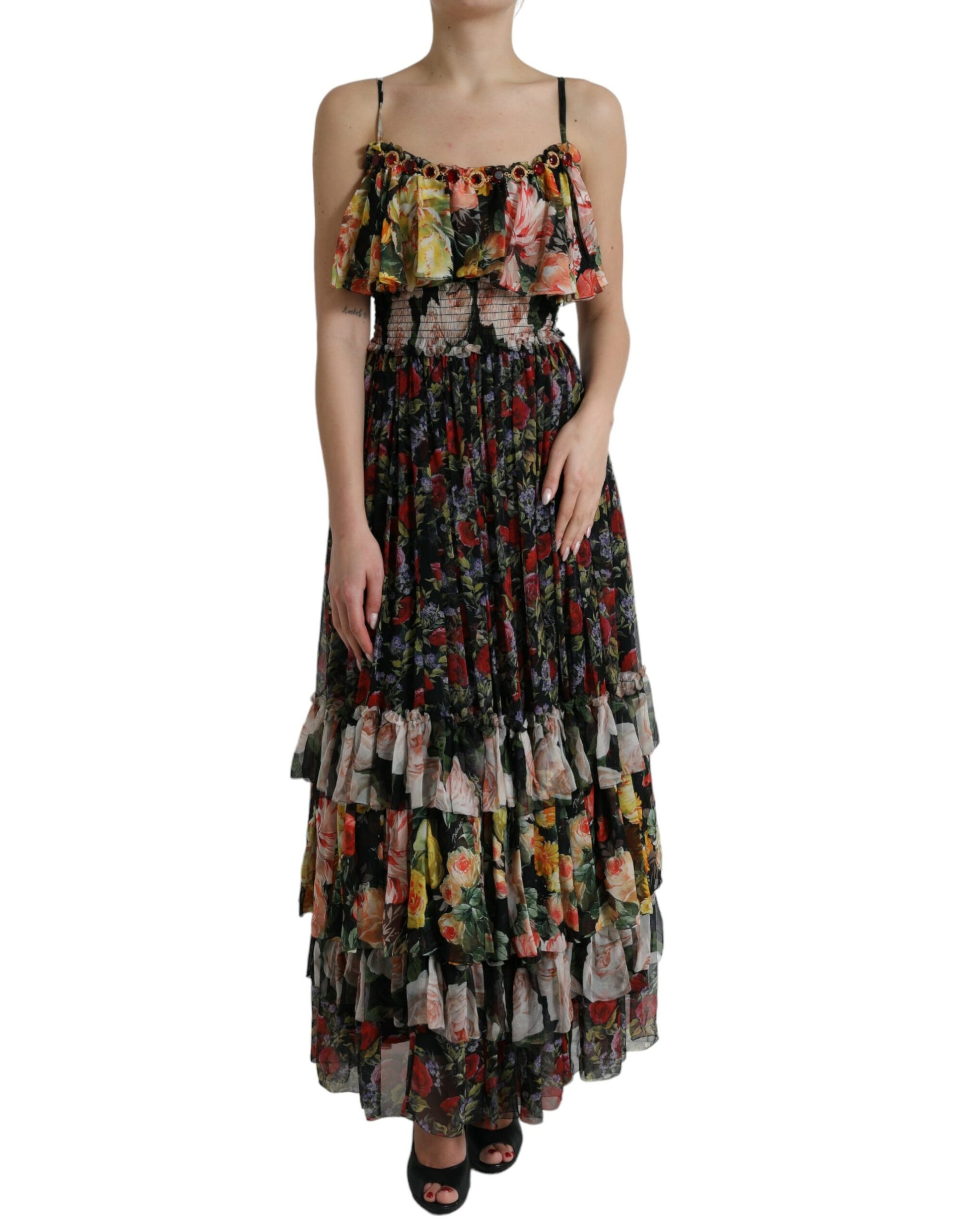 Dolce & Gabbana Multicolor Floral Chiffon Tiered Maxi Dress Dolce & Gabbana