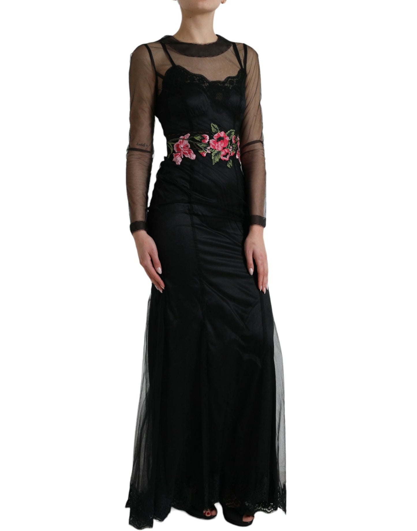 Dolce & Gabbana Black Floral Embroidery Mesh Tulle Gown Dress Dolce & Gabbana
