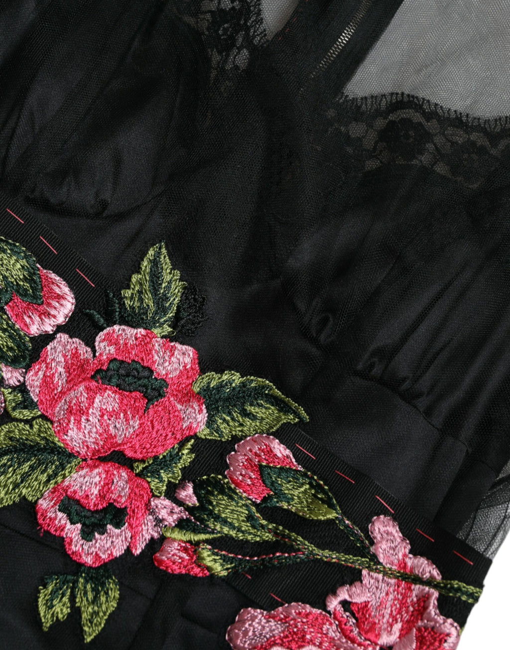 Black Dolce & Gabbana floral embroidery mesh tulle gown with intricate embroidery and flowing silhouette.