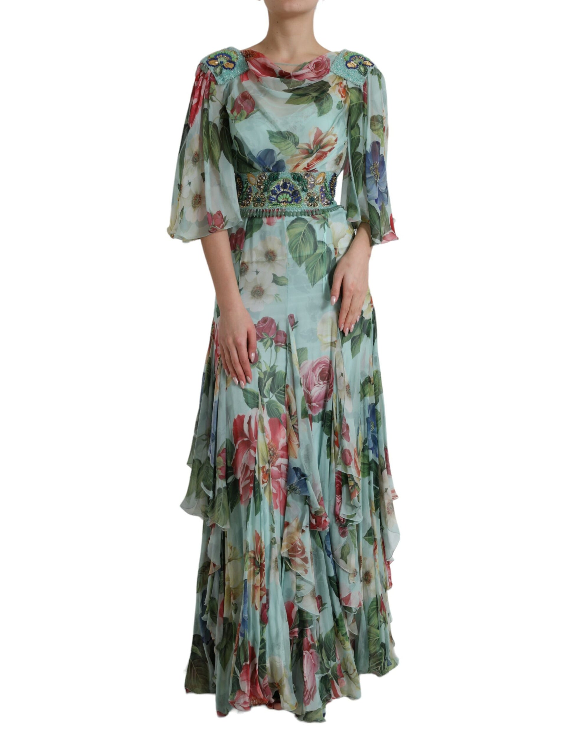 Dolce & Gabbana Blue Floral Print Tiered Long Maxi Dress Dolce & Gabbana