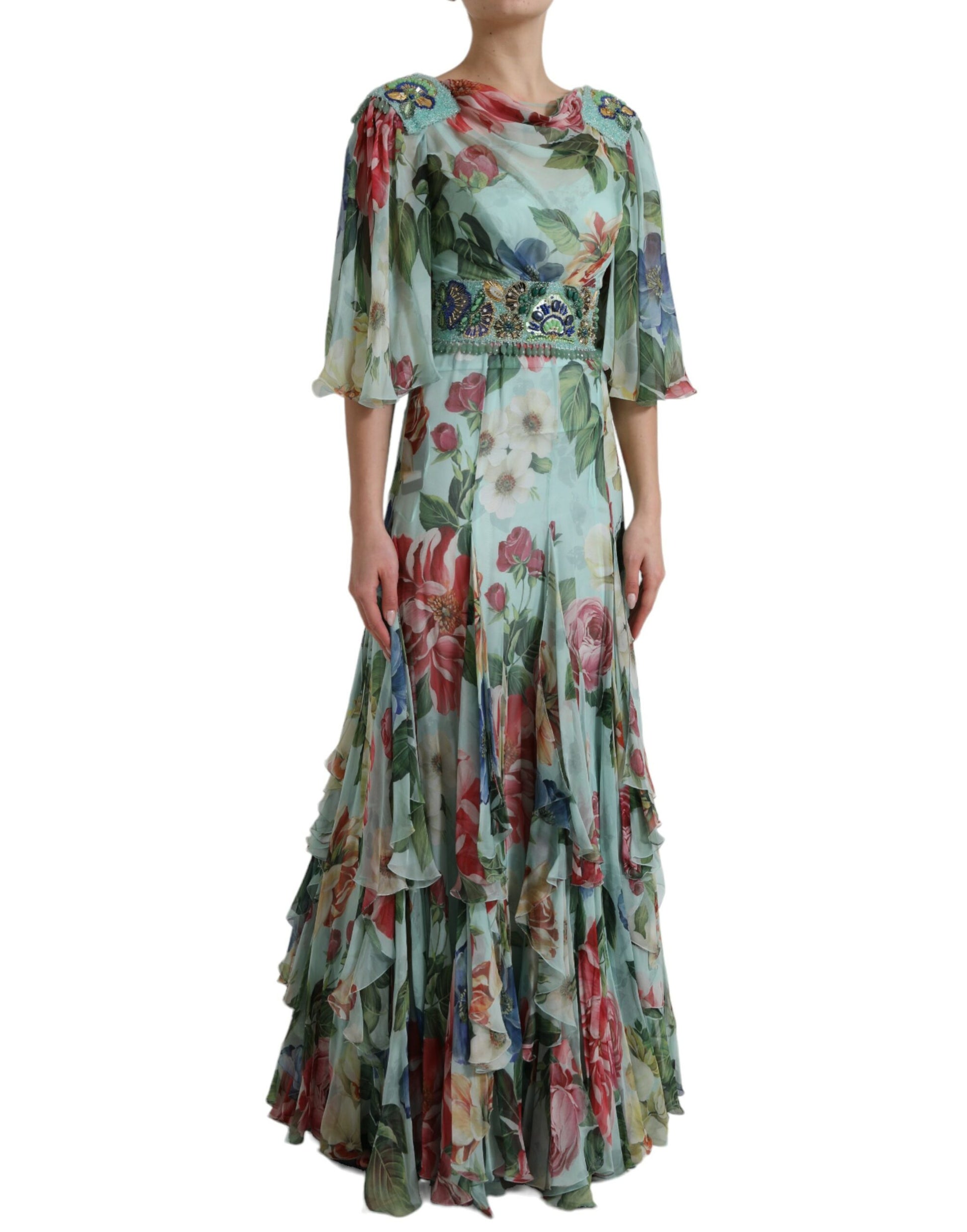 Dolce & Gabbana Blue Floral Print Tiered Long Maxi Dress Dolce & Gabbana