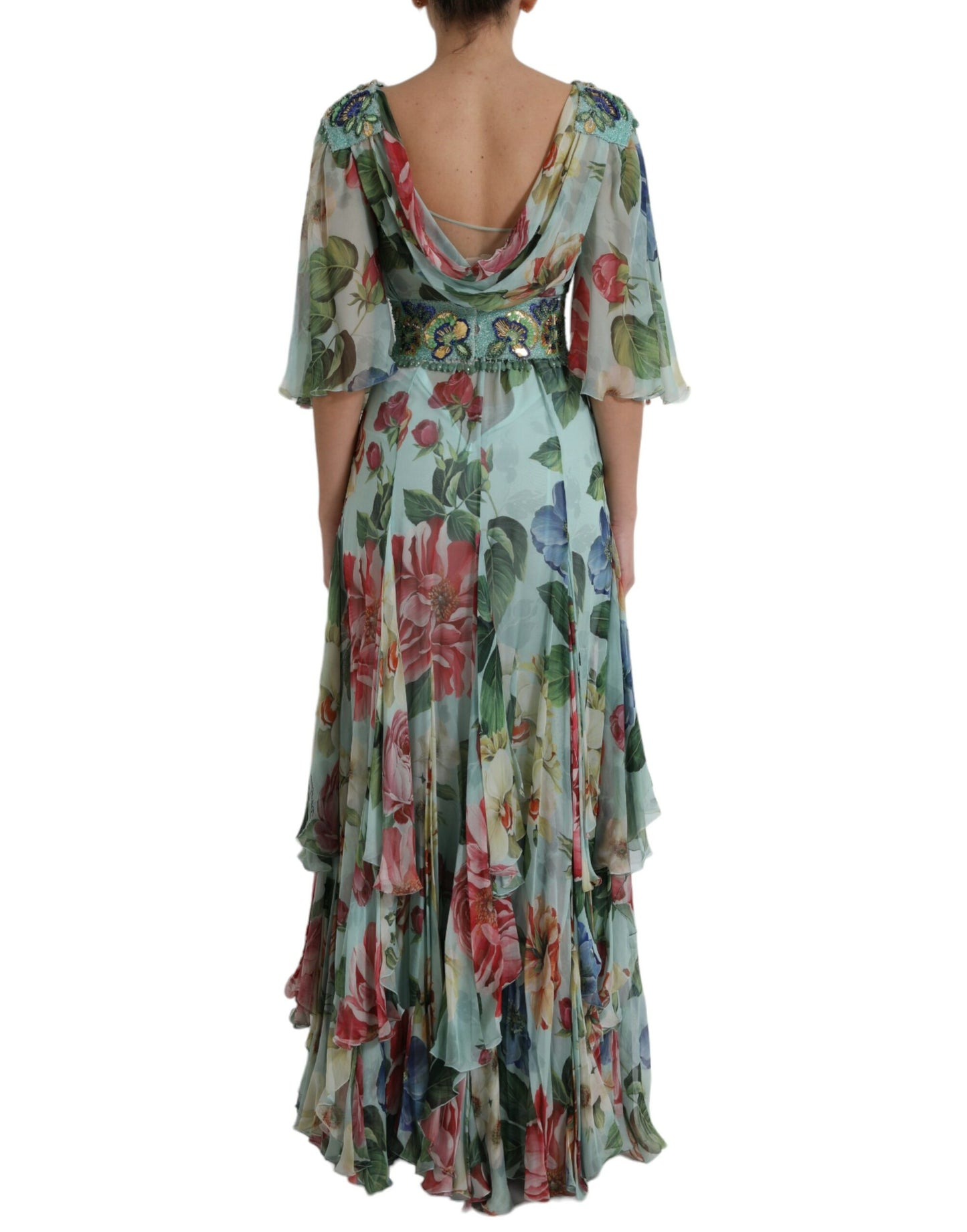 Dolce & Gabbana Blue Floral Print Tiered Long Maxi Dress Dolce & Gabbana