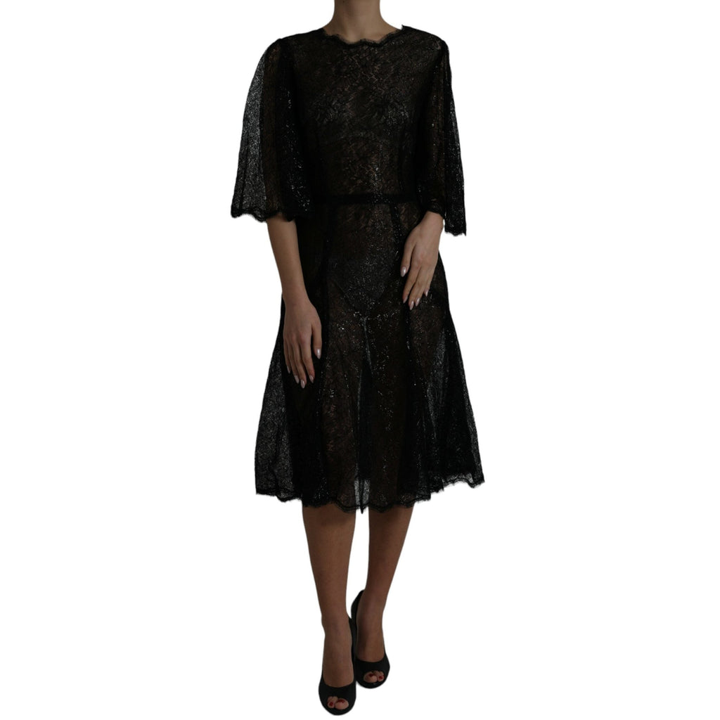 Black floral lace sheer A-line midi dress by Dolce & Gabbana with intricate lace details and elegant silhouette.