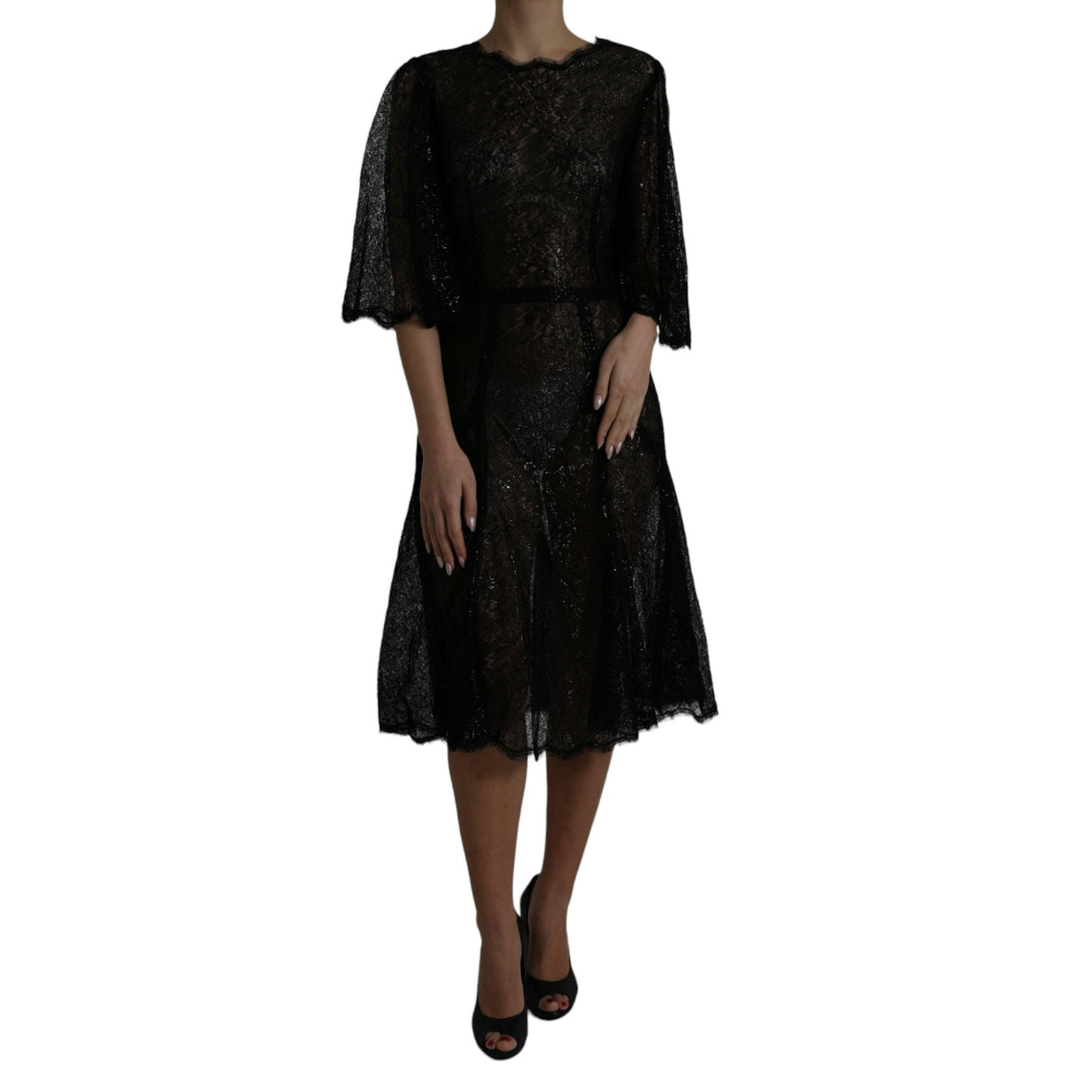 Black floral lace sheer A-line midi dress by Dolce & Gabbana with intricate lace details and elegant silhouette.