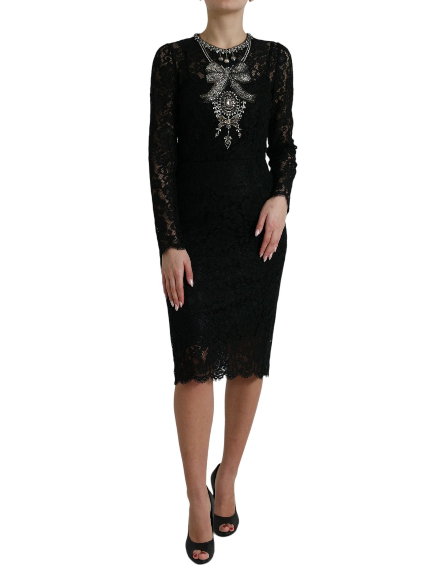 Dolce & Gabbana Black Lace Crystal Embellished Sheath Dress Dolce & Gabbana
