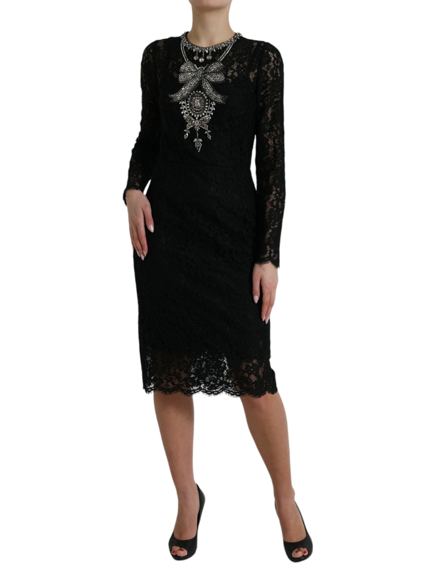 Dolce & Gabbana Black Lace Crystal Embellished Sheath Dress Dolce & Gabbana