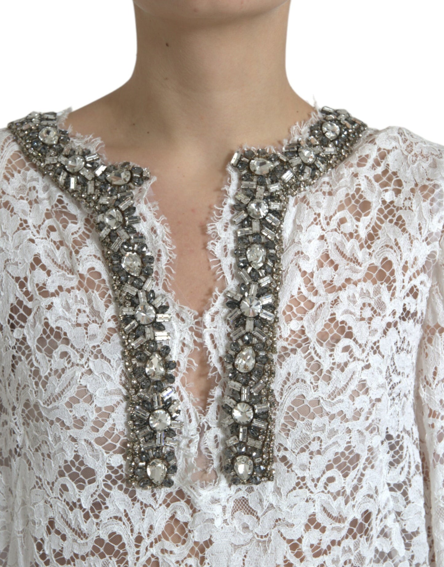Dolce & Gabbana White Lace Crystal Embellished Shift Dress Dolce & Gabbana
