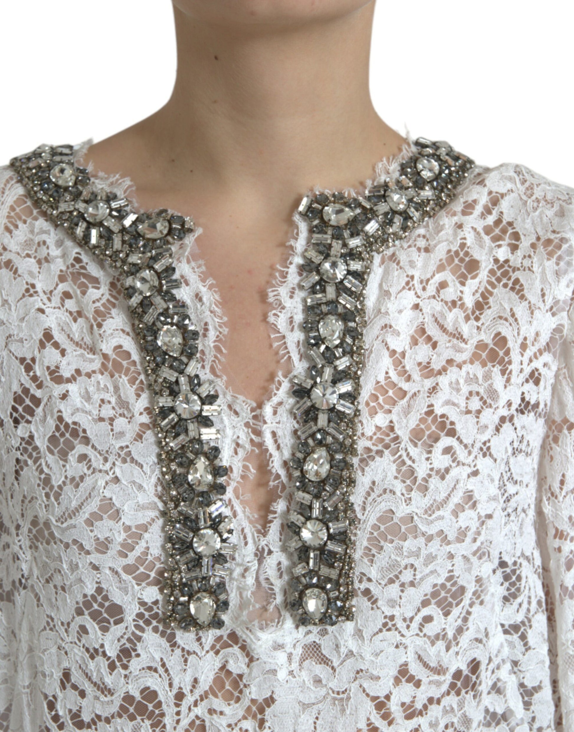 Dolce & Gabbana White Lace Crystal Embellished Shift Dress Dolce & Gabbana